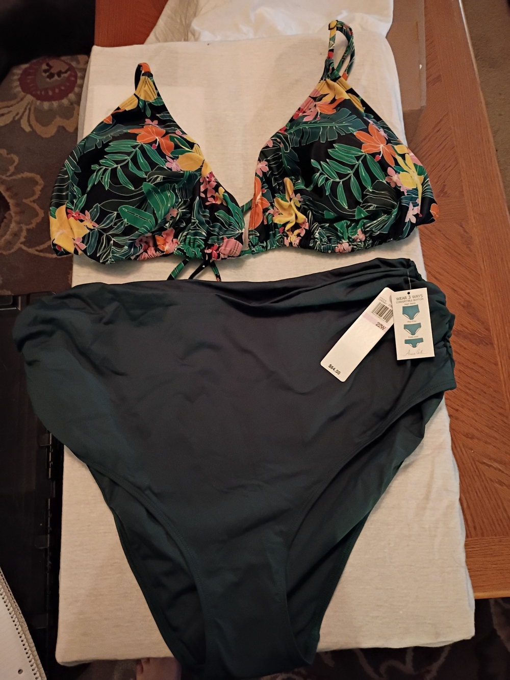 Floral Tropical Print Bikini Top with Solid 3 Way Bottoms